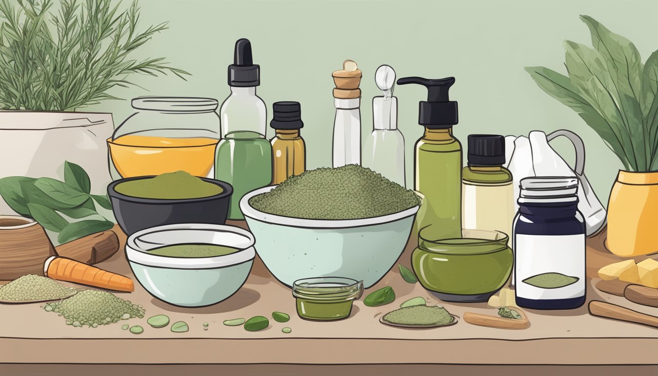 A cluttered kitchen counter with various natural ingredients and essential oils scattered around, a mortar and pestle, and a small glass jar filled with homemade eczema salve