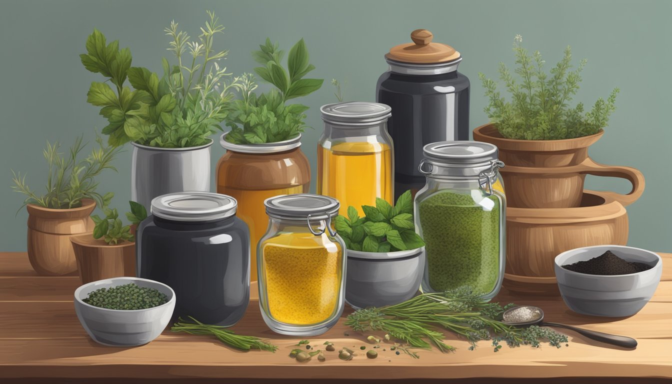 A wooden table with various jars, oils, and herbs scattered around. A mortar and pestle sits in the center, with a small pot and spoon nearby