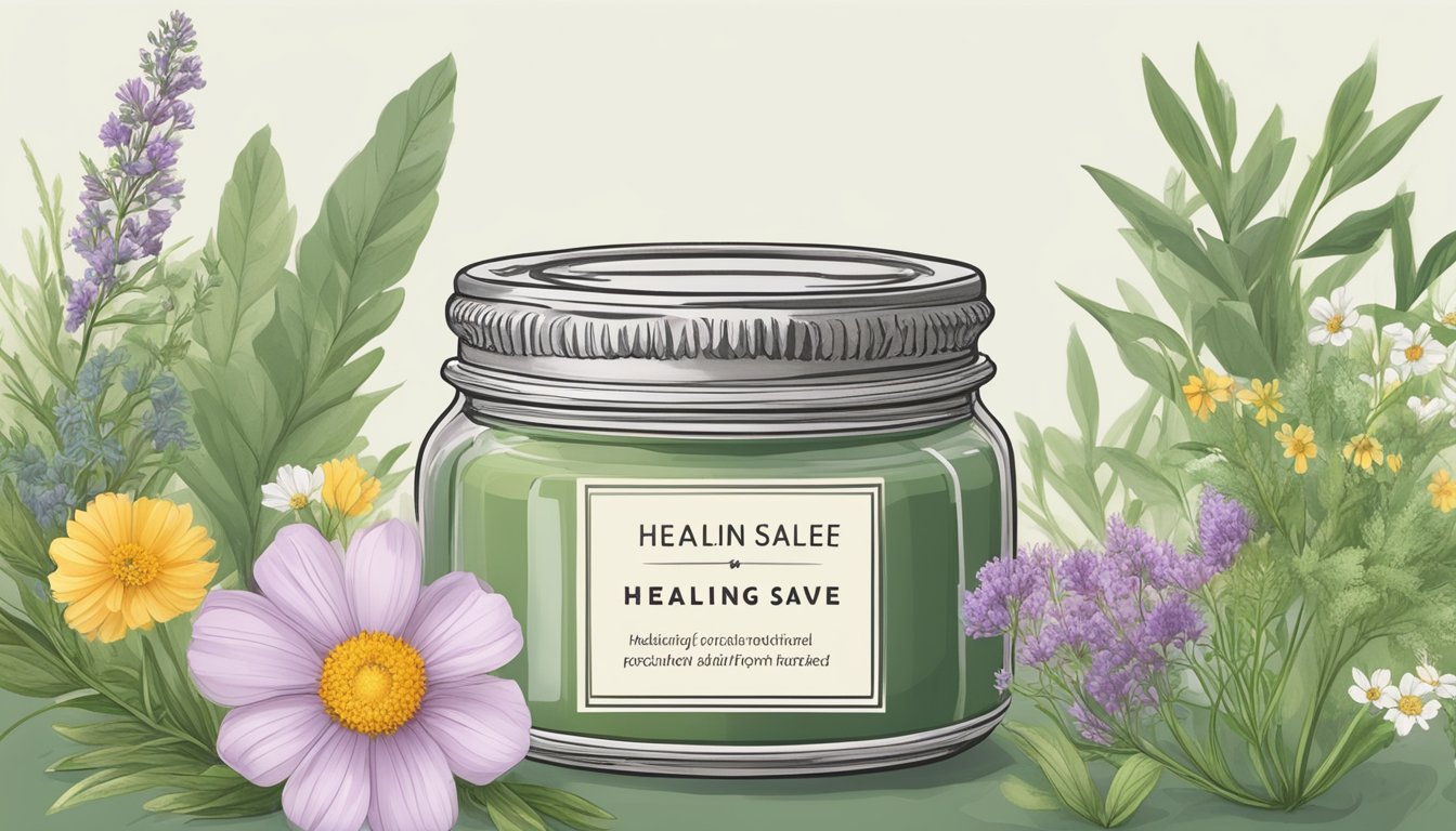 A small jar of healing salve with a label displaying regulatory information, surrounded by natural ingredients like herbs and flowers