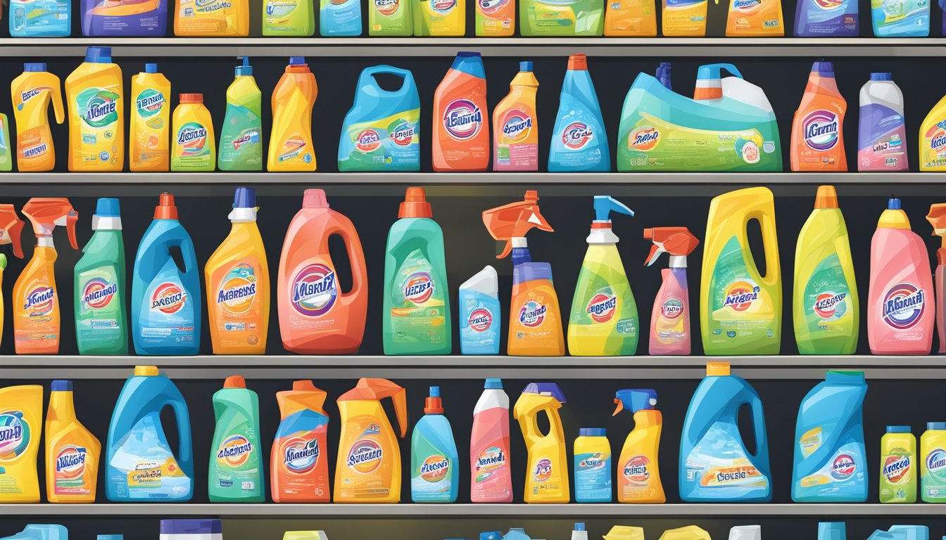 A variety of laundry detergent bottles arranged on a shelf, accompanied by safety warning symbols and a hazard information sheet