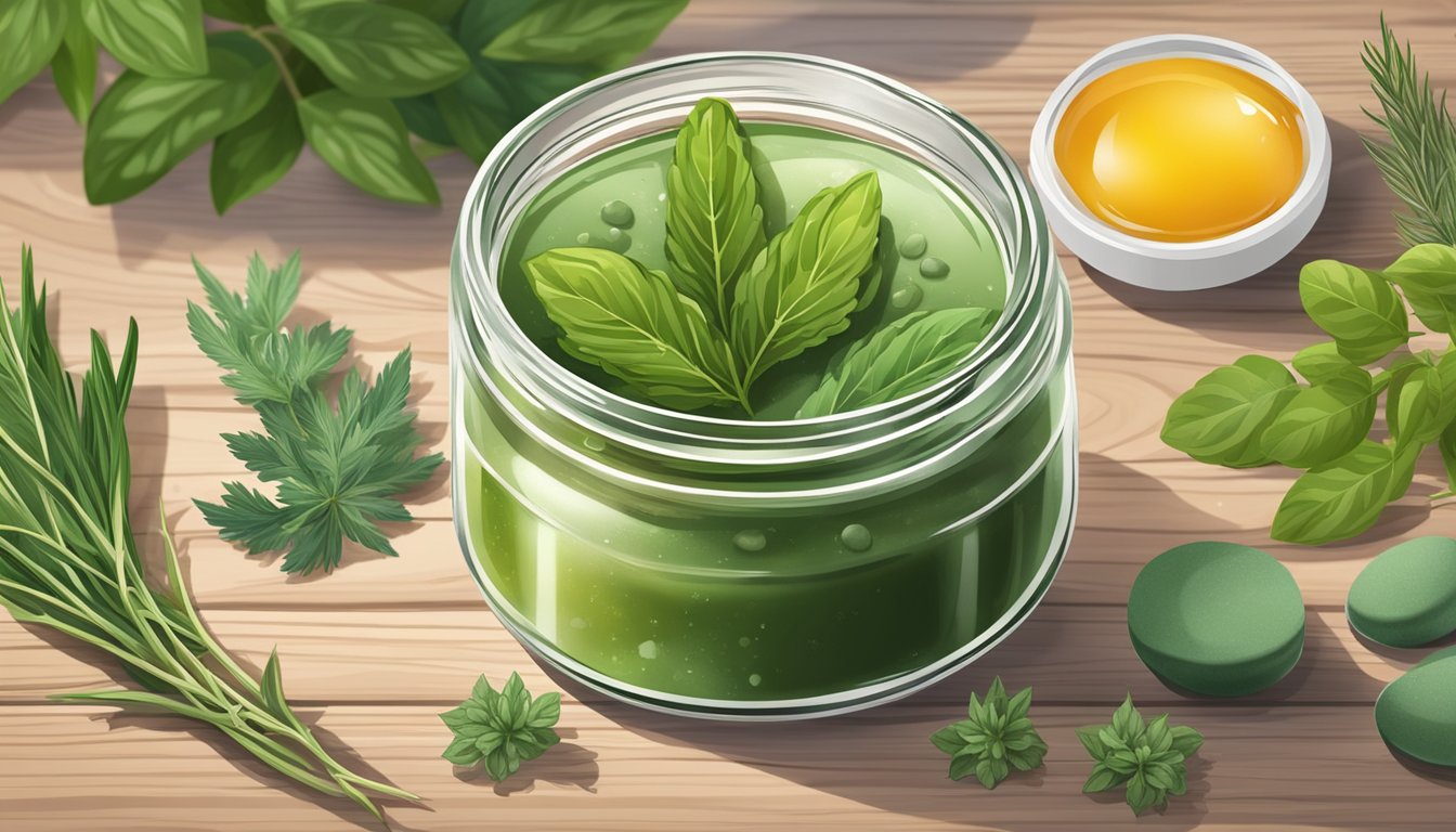 A glass jar filled with healing salve surrounded by fresh herbs and botanical ingredients on a wooden table