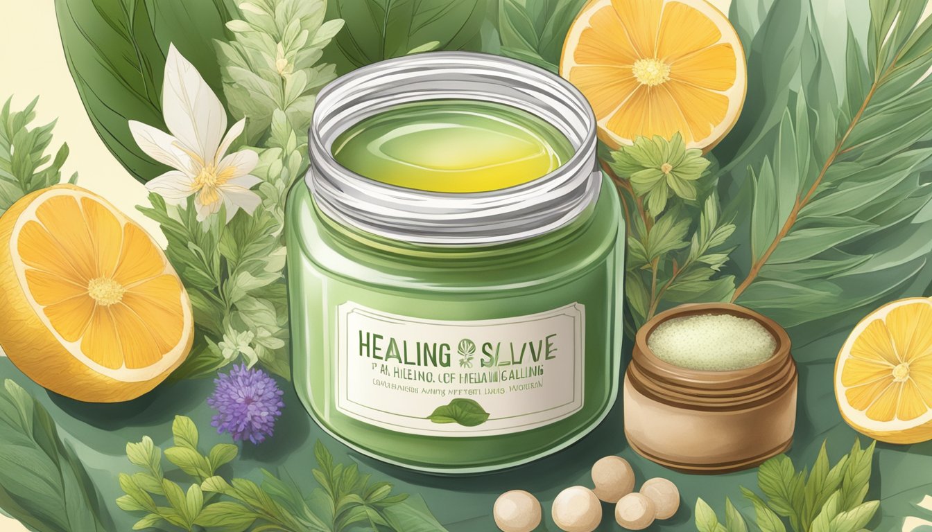 A jar of healing salve surrounded by botanical ingredients and glowing with a warm, healing light