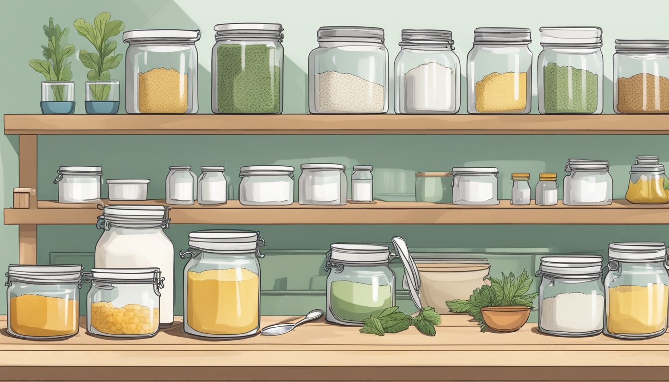 A kitchen counter with jars of ingredients, a mixing bowl, and a spoon. A recipe card with storage and shelf life tips for homemade eczema salve