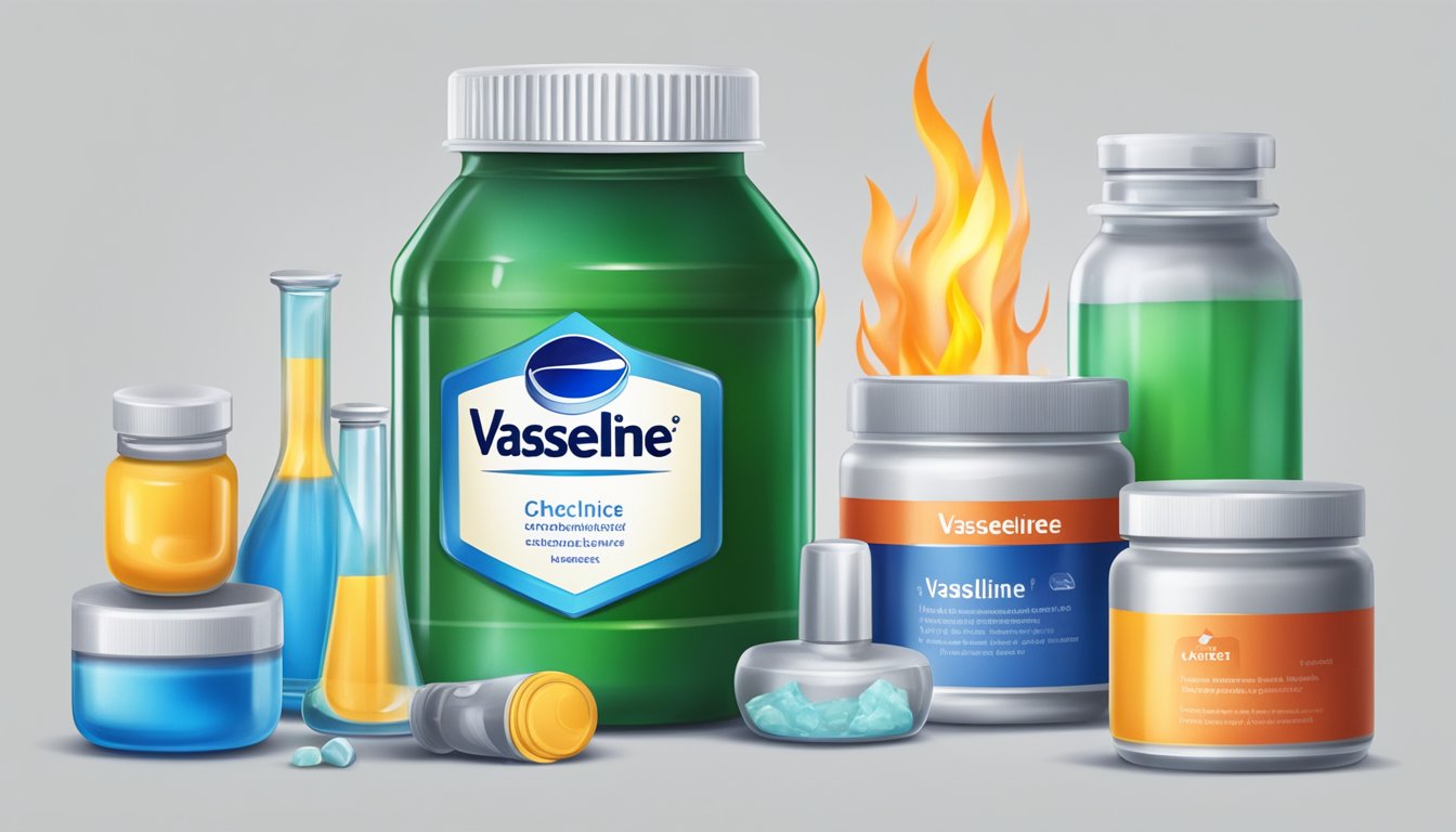 A jar of Vaseline surrounded by various potential hazards, such as fire, sharp objects, and chemicals