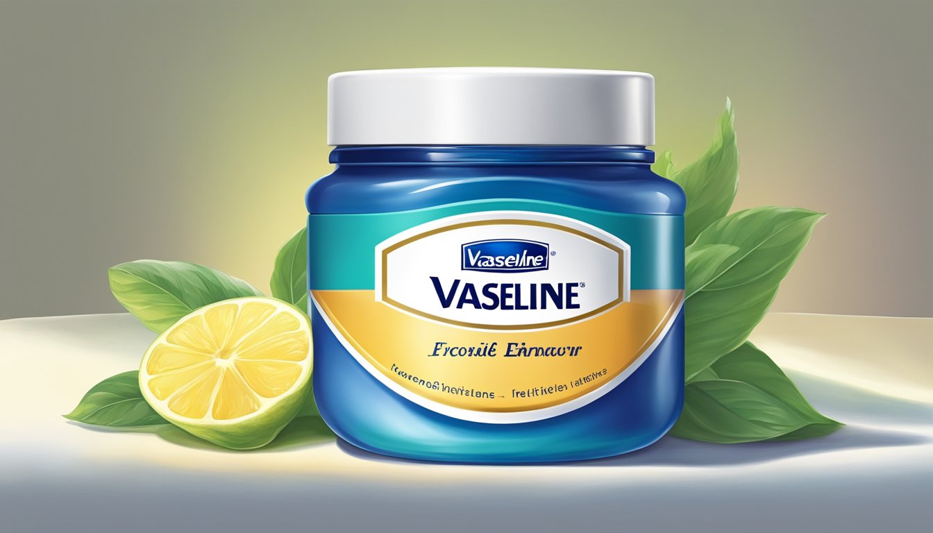 A jar of Vaseline sits on a clean, white surface, surrounded by soft, comforting colors. A gentle glow emanates from the jar, conveying a sense of safety and reliability