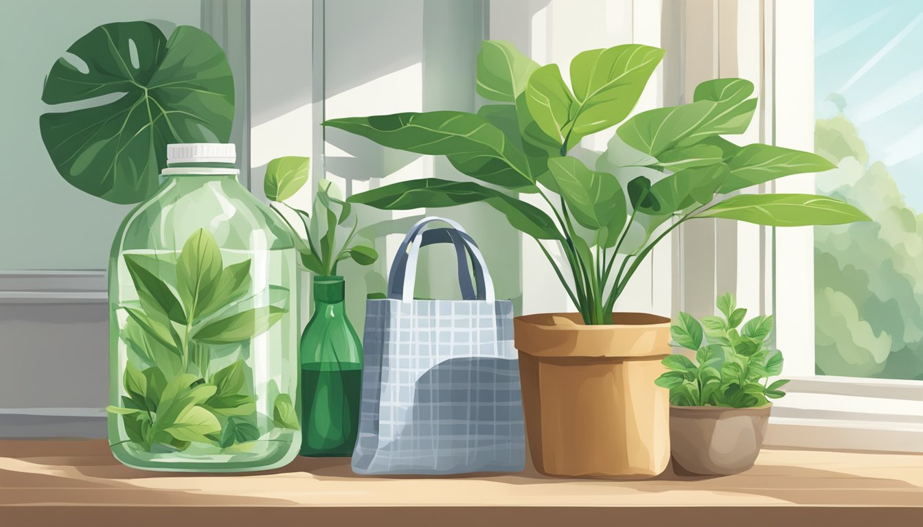 A green, leafy plant sits on a windowsill, surrounded by eco-friendly products like a glass water bottle and a reusable tote bag