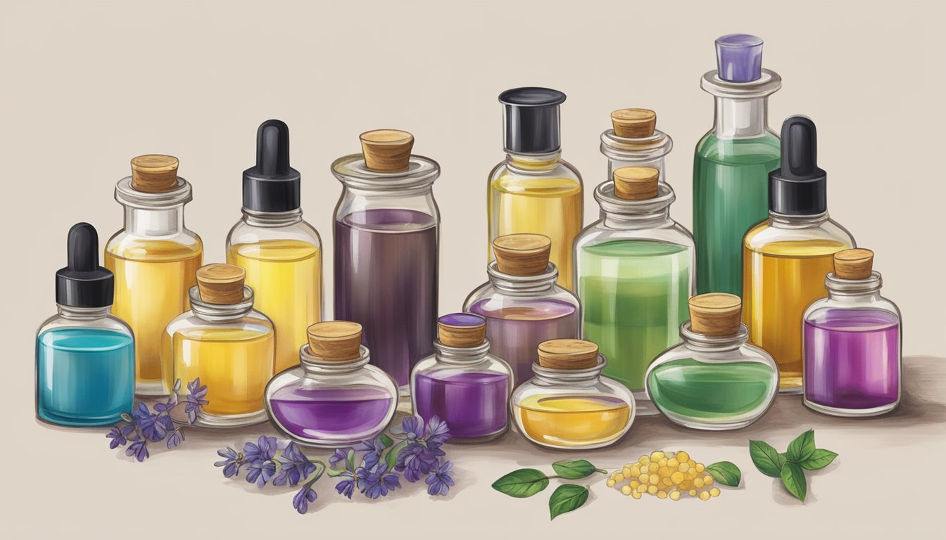 A table with various essential oils, beeswax, and small glass containers for mixing and storing solid perfume