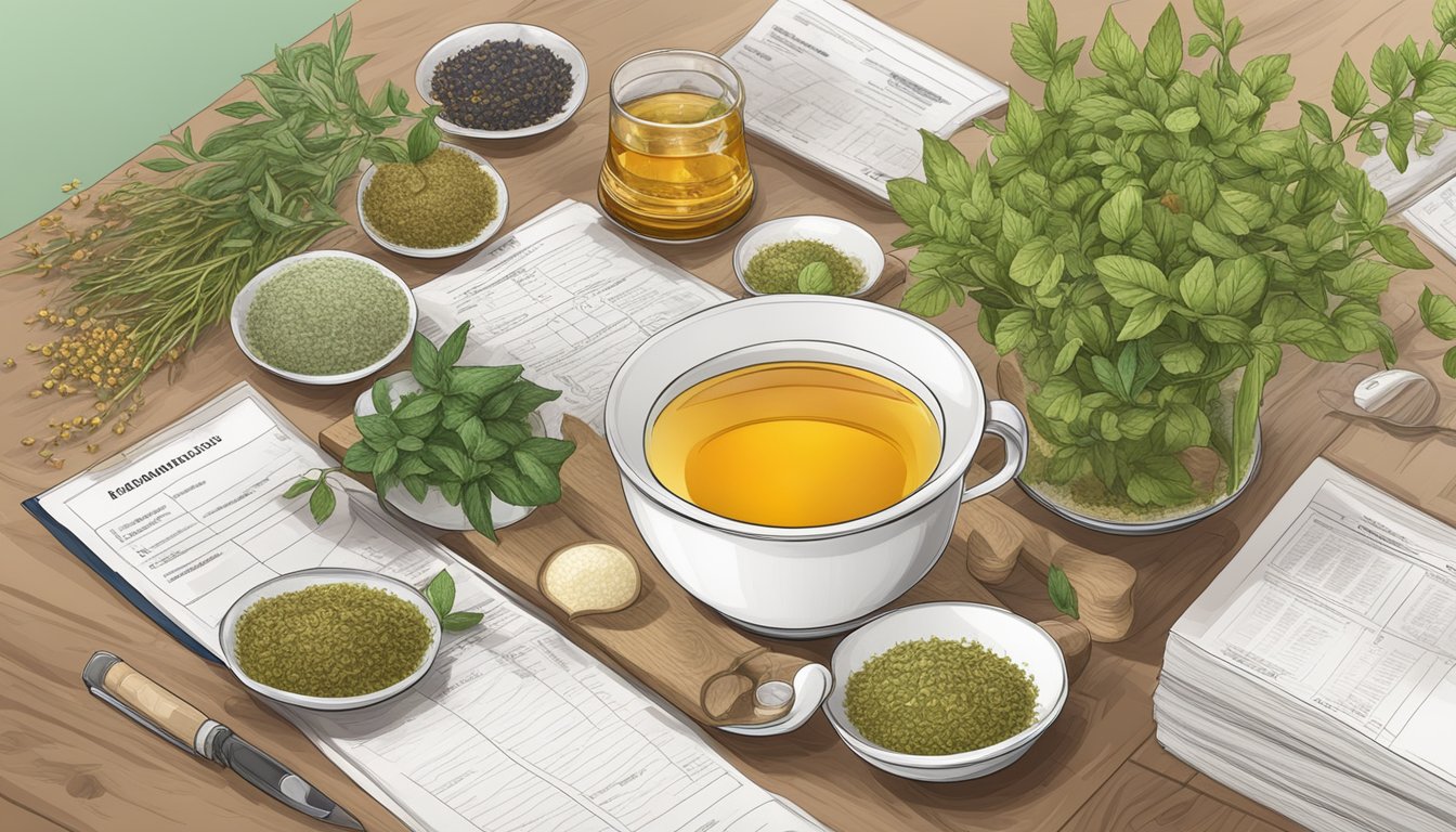 A table with various herbal tea ingredients, labeled with quality standards symbols and surrounded by regulatory documents