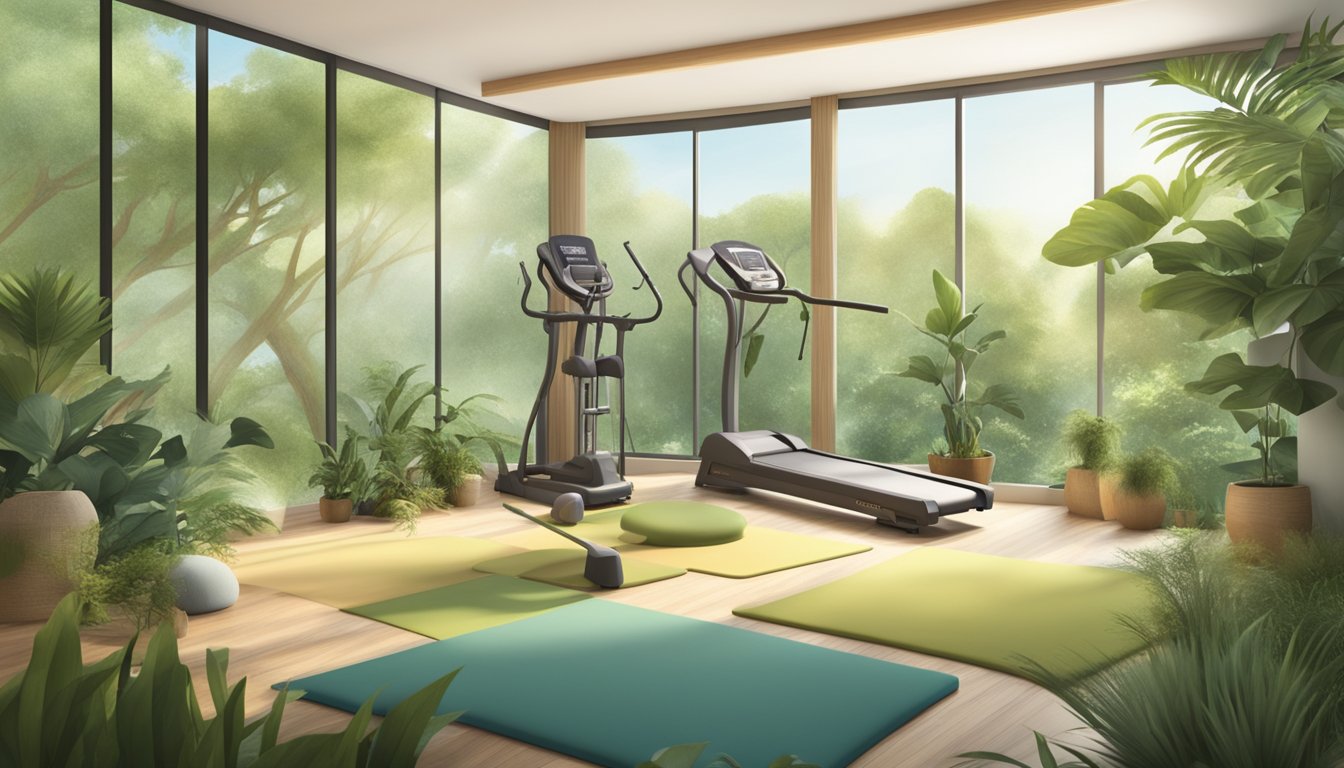 A serene natural setting with a variety of physical therapy and exercise equipment scattered throughout, surrounded by lush greenery and soothing natural elements