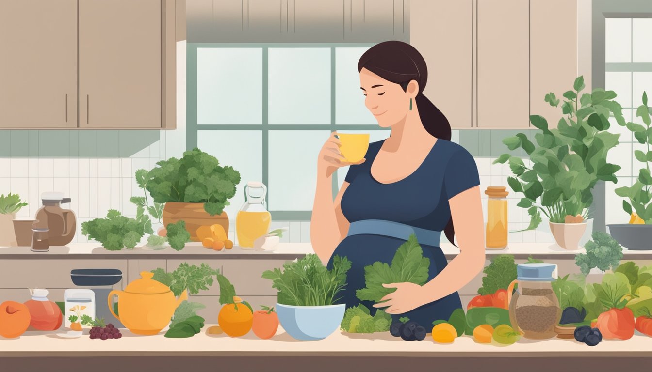 A pregnant woman standing in a kitchen, surrounded by various herbs and natural supplements. A cup of herbal tea sits on the counter next to a bowl of fresh fruits and vegetables