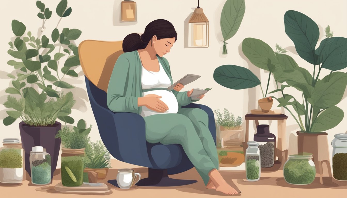 A pregnant woman sitting on a comfortable chair, surrounded by various natural remedies for constipation such as prunes, flaxseeds, and herbal teas