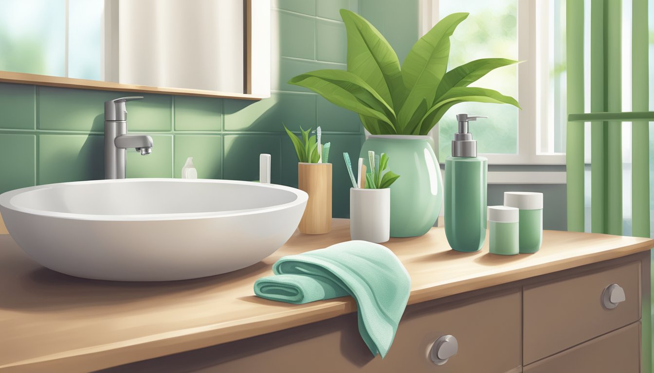 A serene bathroom countertop with a bamboo toothbrush, natural toothpaste, and a glass of water, surrounded by green plants and a soft towel