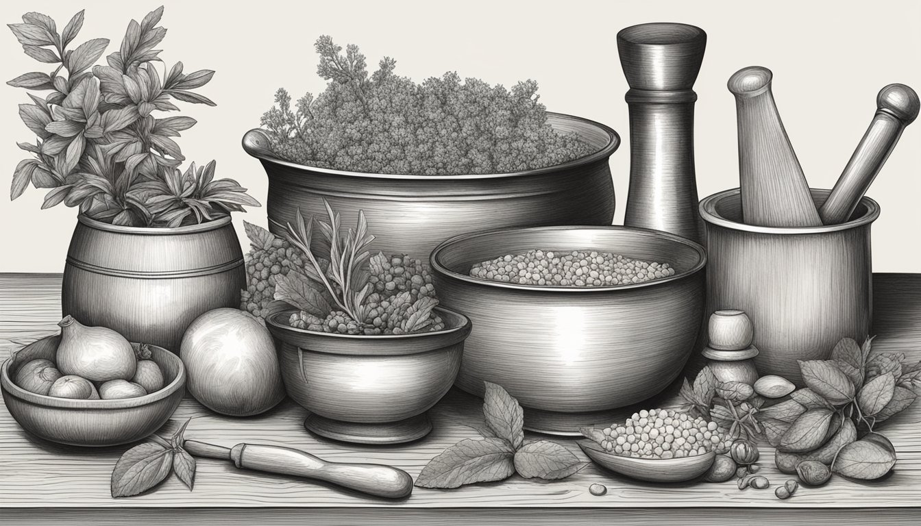 A collection of herbs, fruits, and minerals arranged on a wooden table. A mortar and pestle sits nearby, ready for use