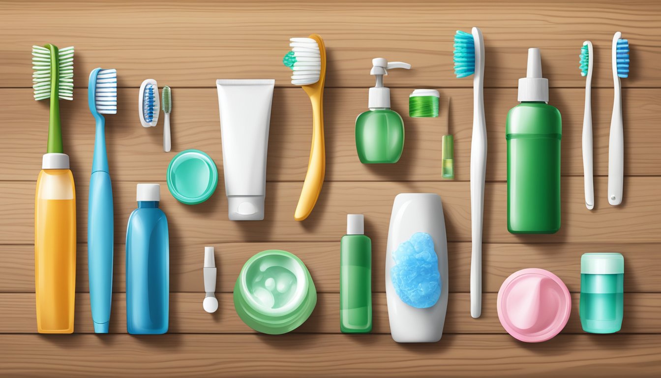 A variety of natural oral care tools arranged on a wooden surface, including toothbrushes, floss, mouthwash, and herbal toothpaste