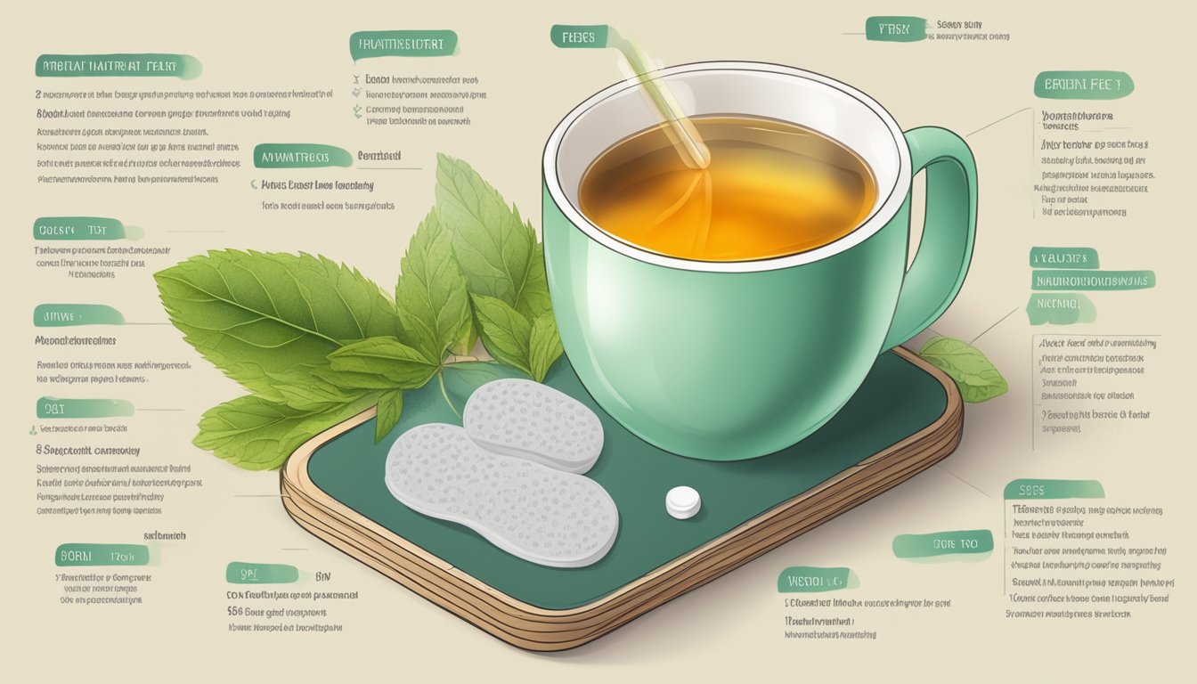 A steaming cup of herbal tea surrounded by cooling pads and a thermometer, with a list of natural fever-reducing methods in the background