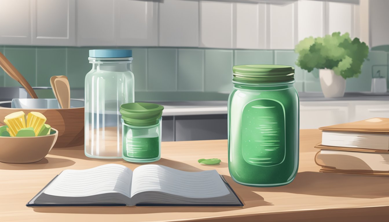 A jar of green powder sits on a kitchen counter next to a glass of water and a breastfeeding book