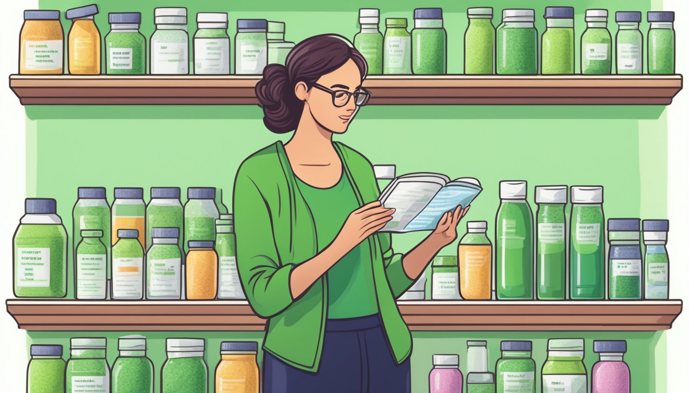 A mother holding a container of green powder while reading a nutritional label