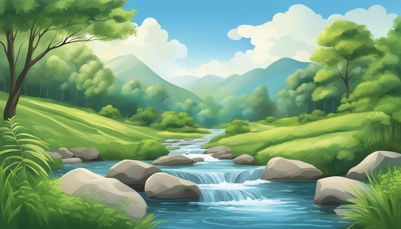 A serene natural landscape with a flowing stream, lush greenery, and a clear blue sky, showcasing the harmony between professional dental care and natural oral care essentials