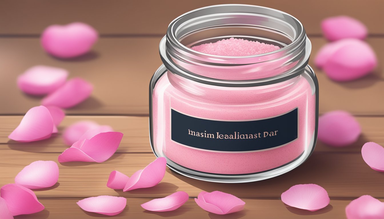 A small glass jar filled with a grainy, pink lip exfoliant sits on a wooden table next to a spoon and a few scattered rose petals