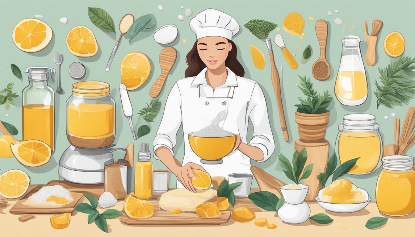 A person mixing ingredients for a lip exfoliant, surrounded by various kitchen tools and natural substances like sugar, honey, and essential oils