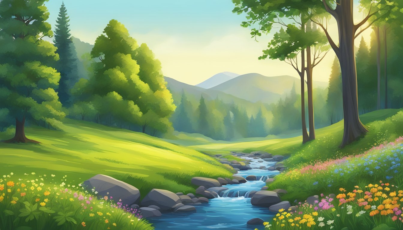 A lush green meadow with colorful wildflowers and a sparkling stream, surrounded by tall trees and a clear blue sky