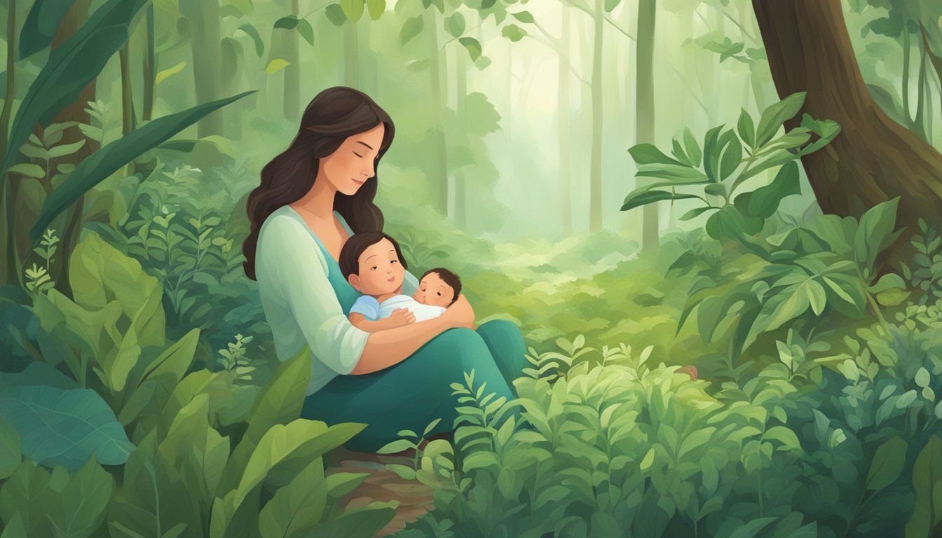 A serene forest clearing with various green plants and herbs, a mother breastfeeding her child in the background