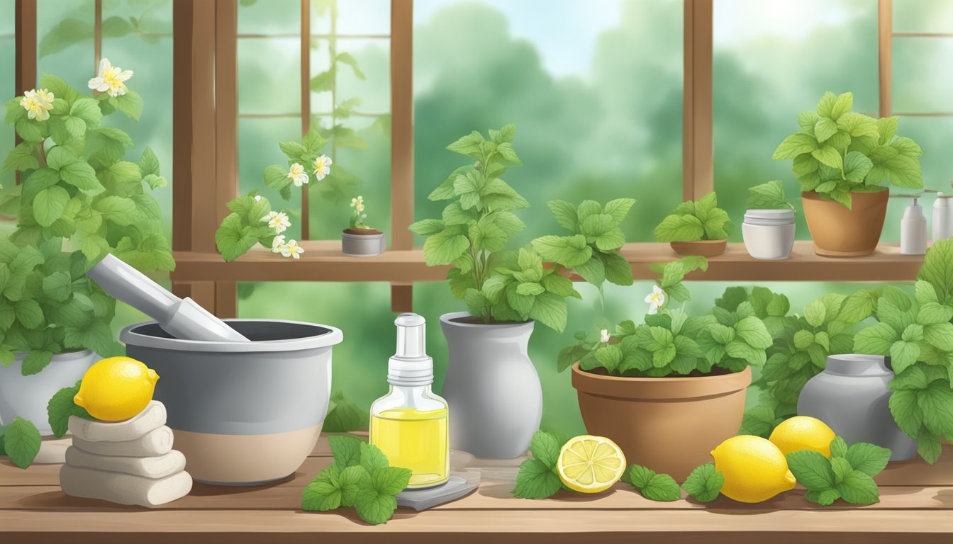 A serene garden with lemon balm plants, a mortar and pestle, and skincare products being made