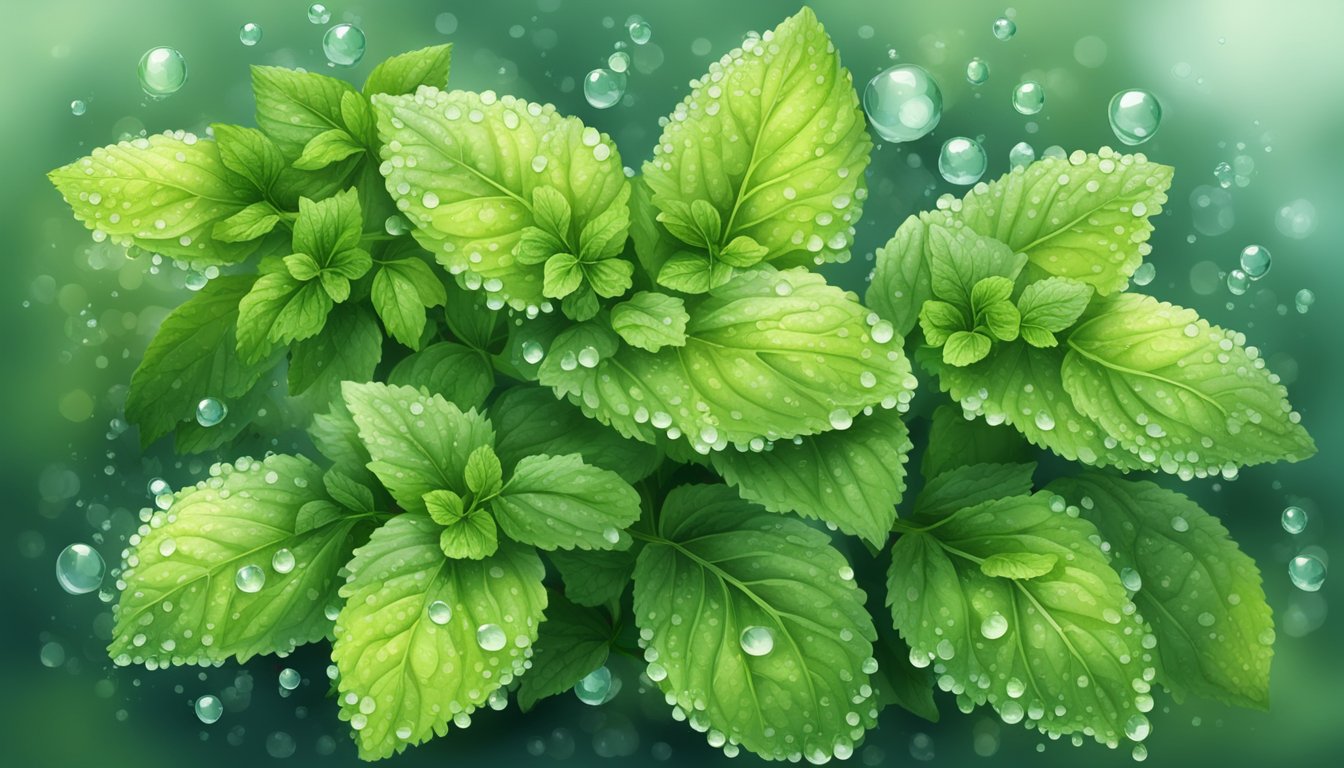 A vibrant lemon balm plant surrounded by droplets of water, with its leaves and flowers showcasing its chemical composition for skin benefits