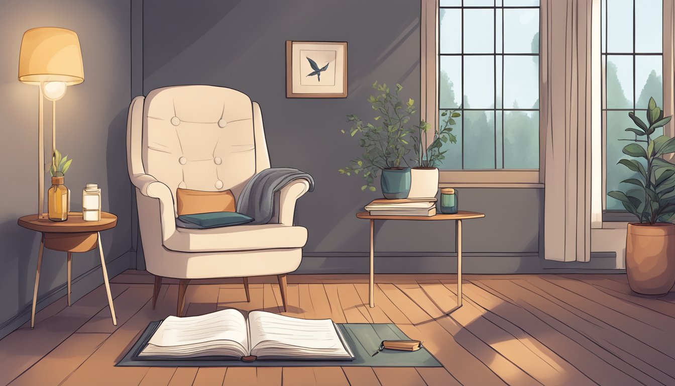 A serene, dimly lit room with a cozy armchair, a soothing essential oil diffuser, and a journal for tracking pain management strategies