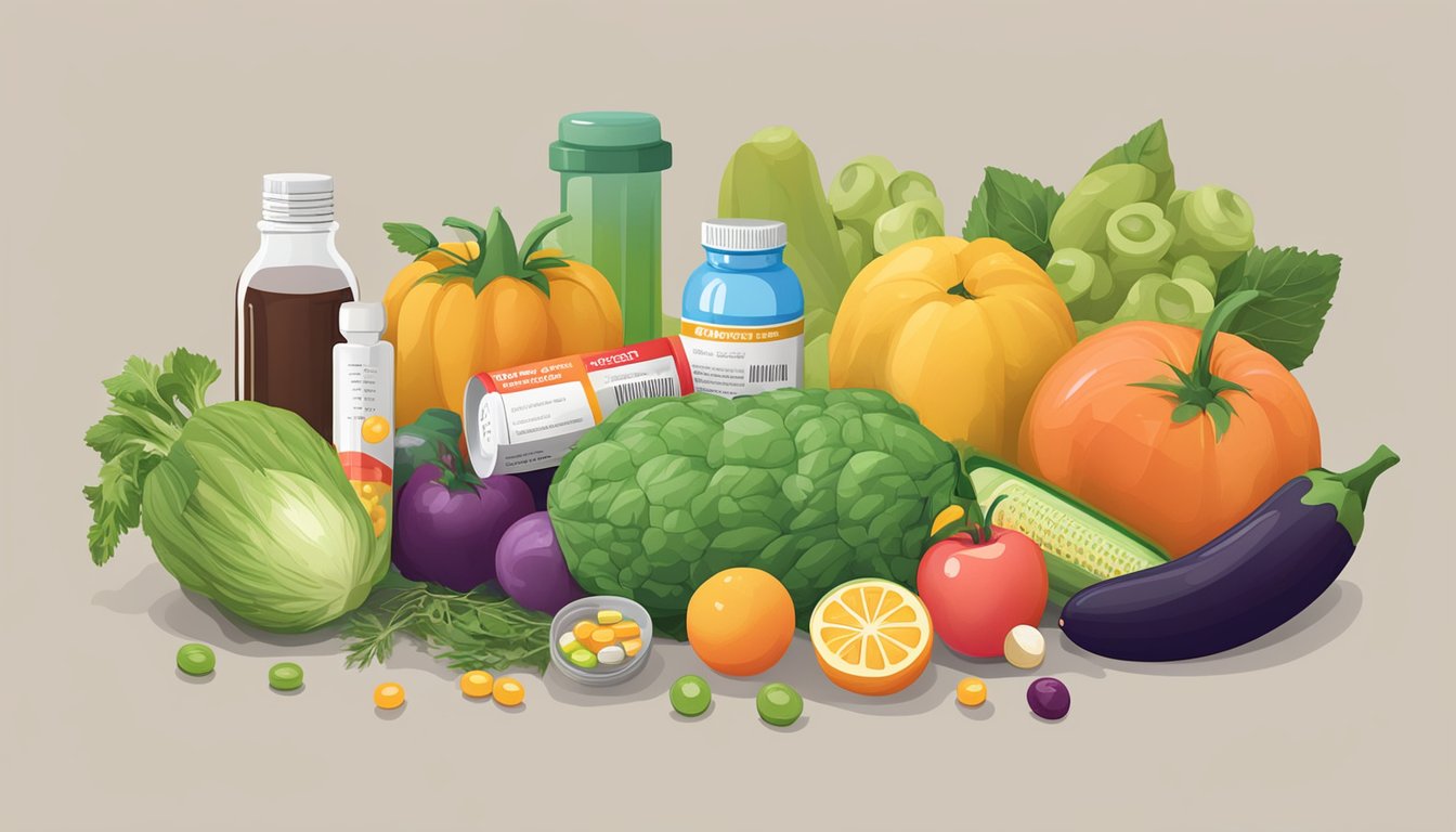 A variety of fruits and vegetables surrounding a bottle of vitamins, with a pack of birth control pills placed nearby