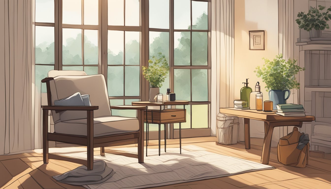 A serene, sunlit room with a comfortable chair, soft blankets, and a table holding herbal teas and essential oils. A journal and pen sit nearby