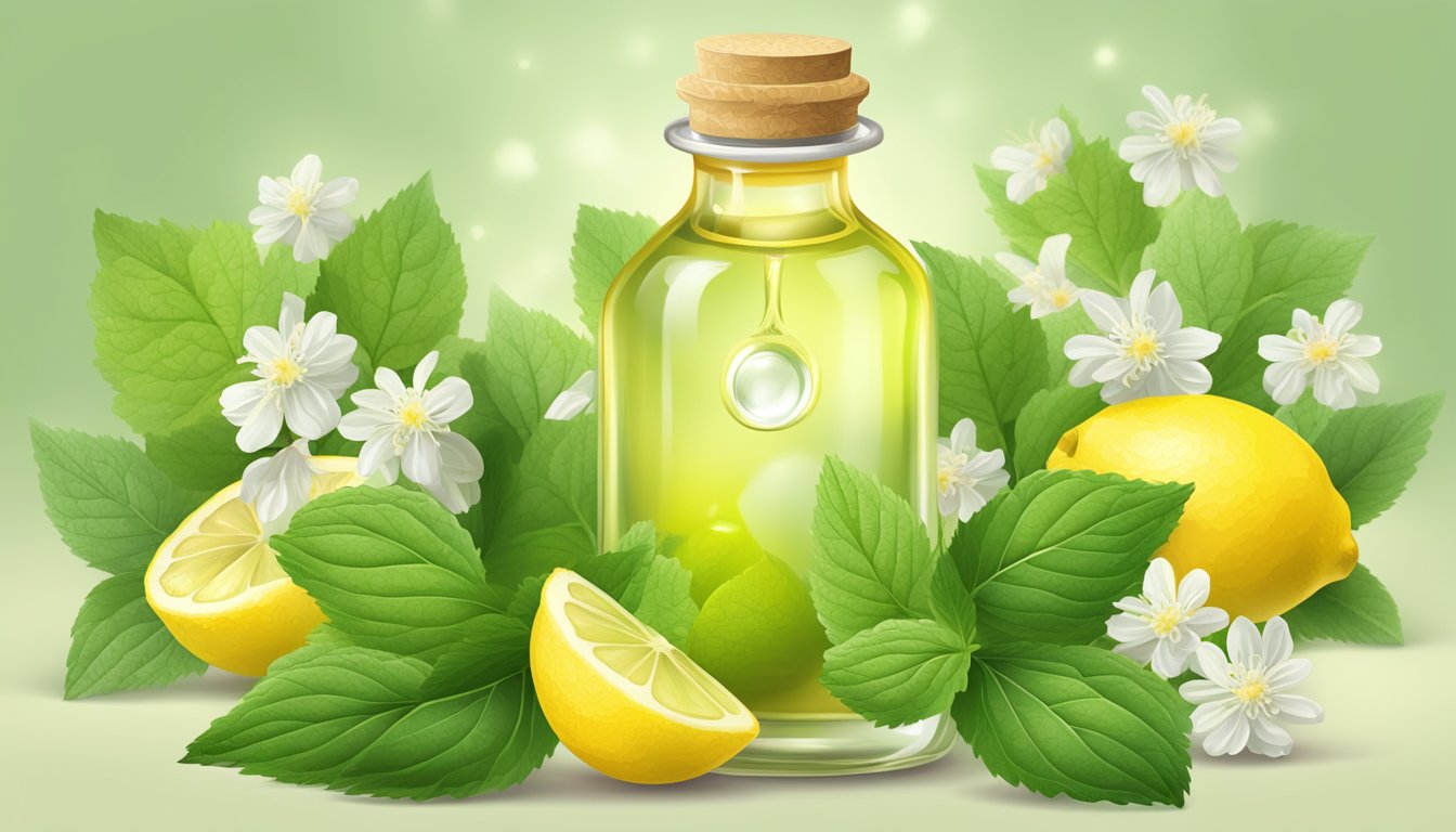 A bottle of lemon balm oil surrounded by fresh lemon balm leaves and blooming flowers, with a clear and radiant complexion in the background