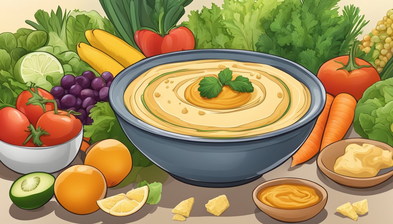 A bowl of hummus surrounded by fresh vegetables and fruits, with a natural, colorful background