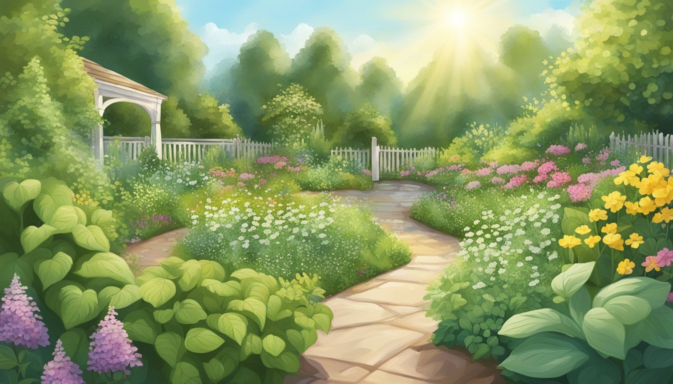 A serene, sunlit garden with lemon balm plants flourishing amidst other herbs and flowers, evoking a sense of natural beauty and skincare benefits