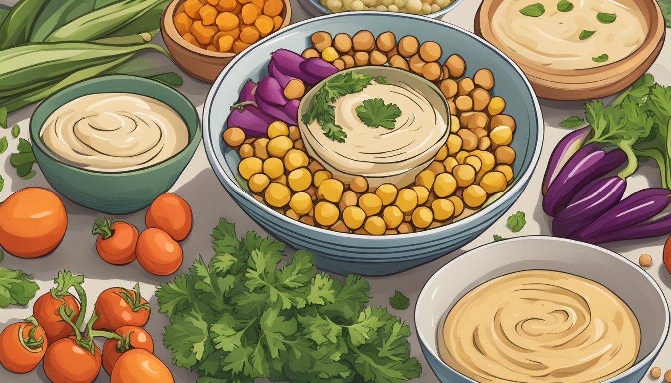 A colorful spread of fresh vegetables, chickpeas, and tahini arranged around a bowl of creamy hummus, all set against a natural, earthy backdrop