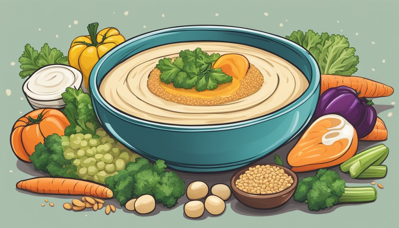 A colorful plate with a dollop of hummus surrounded by an array of fresh vegetables and whole grains, showcasing the principles of a natural diet for candida control