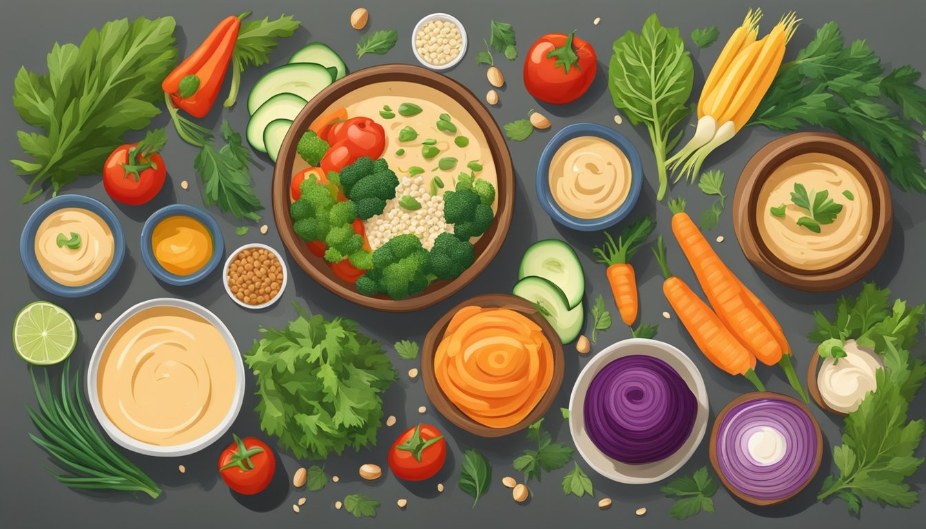 A colorful spread of fresh vegetables, whole grains, and a bowl of creamy hummus, surrounded by vibrant greenery and natural elements