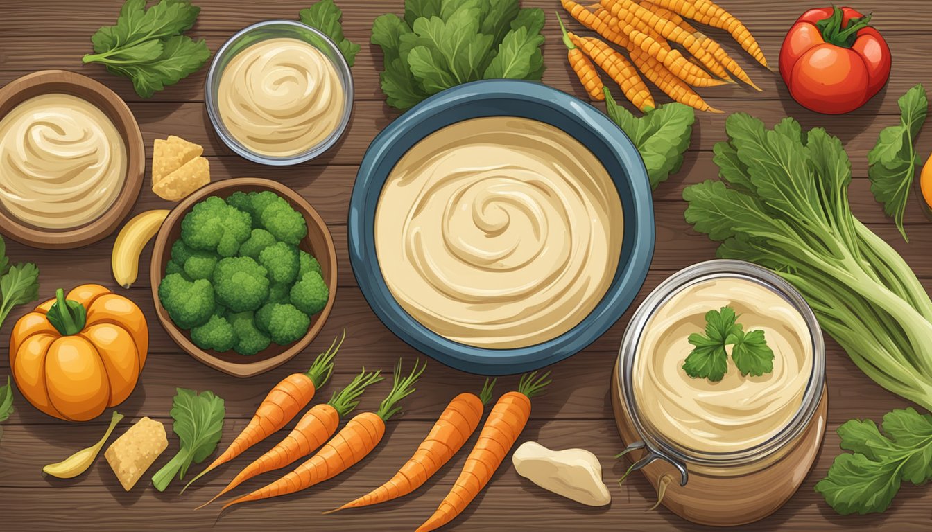 A colorful array of fresh vegetables, a bowl of creamy hummus, and a jar of natural probiotics on a wooden table