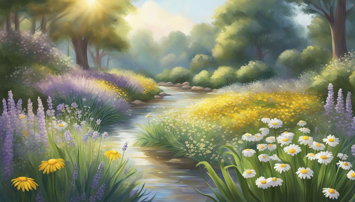 A serene, sunlit garden with blooming chamomile, lavender, and aloe vera plants, surrounded by gentle flowing streams and shaded by tall, leafy trees