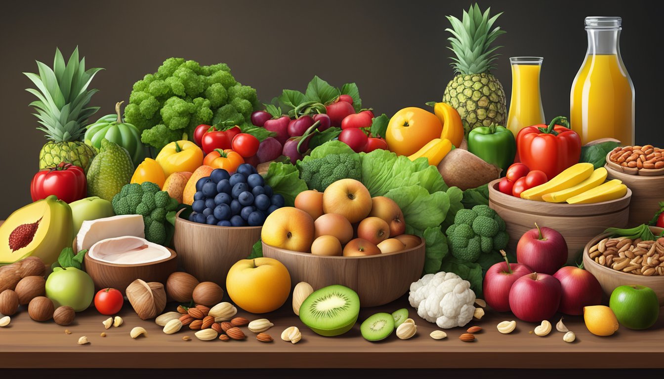 A variety of fresh fruits, vegetables, nuts, and lean meats arranged on a wooden table, with a focus on natural, unprocessed foods