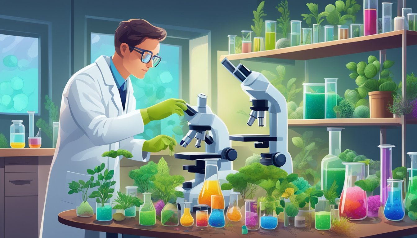 A scientist in a lab coat examines various plants and fungi under a microscope, surrounded by test tubes and petri dishes filled with colorful liquids and substances