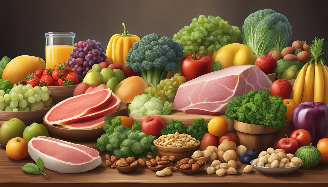 A variety of fresh fruits, vegetables, nuts, and lean meats arranged on a wooden table, with a clear focus on natural, unprocessed foods