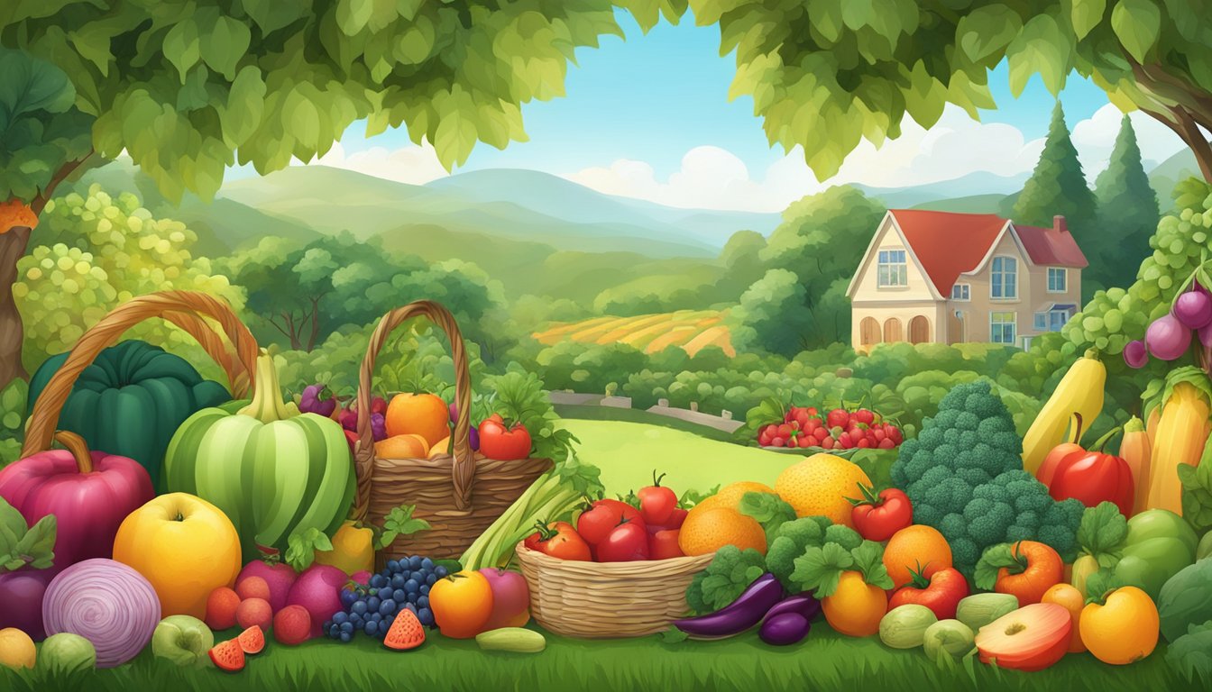 A lush garden bursting with vibrant, nutrient-rich fruits, vegetables, and lean meats, surrounded by serene nature