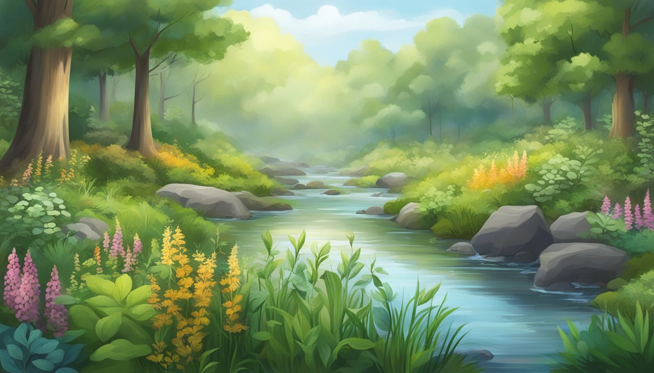 A serene forest clearing with a variety of colorful herbs and plants, a bubbling stream, and a gentle breeze