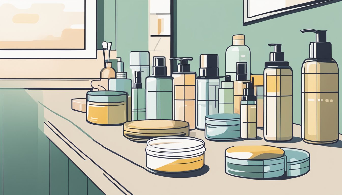 A hand reaching for a bottle of natural supplements next to a lineup of skincare products on a clean, minimalist bathroom counter