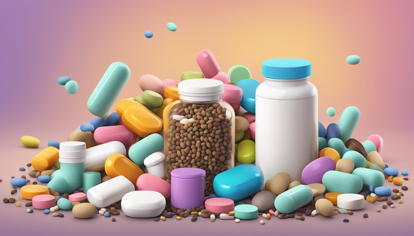 A bottle of pills and a variety of supplements next to a colorful, textured pile of poop