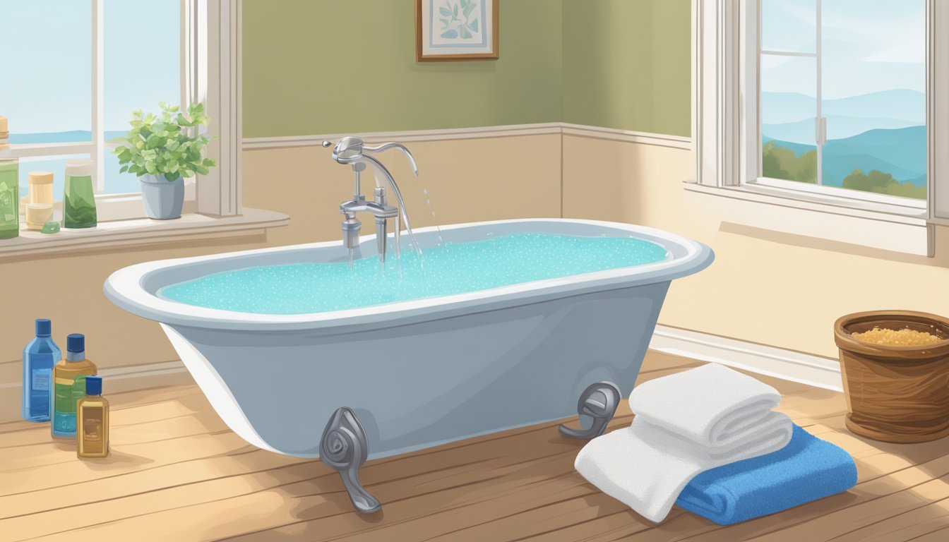 A bathtub filled with warm water, Epsom salts, baking soda, and essential oils. A towel and a glass of water sit nearby