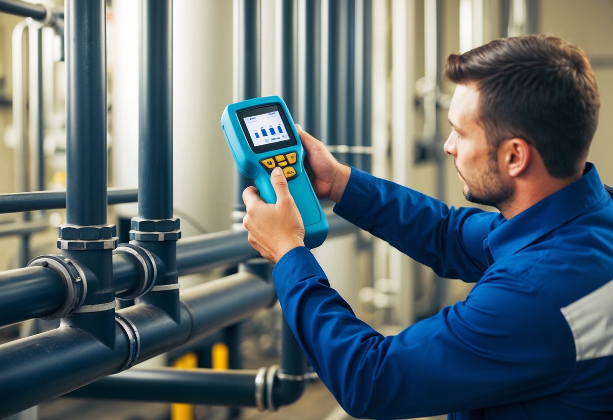 A technician using a handheld device to scan pipes for acoustic leaks in an industrial setting