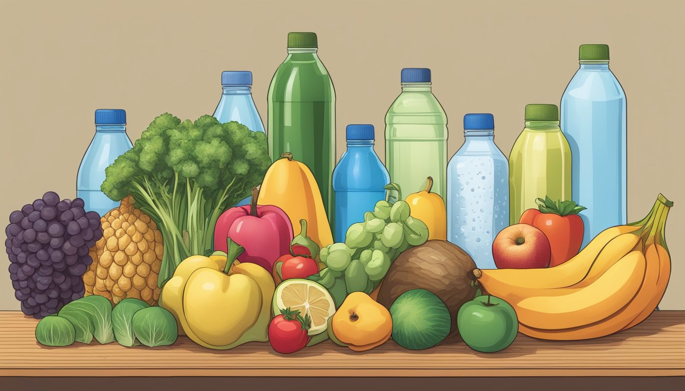 A colorful array of fruits, vegetables, and water bottles next to a chart depicting different types of stool