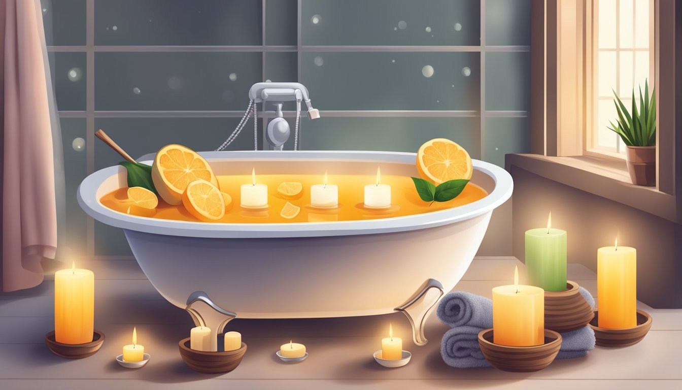 A bathtub filled with warm water and detoxifying ingredients, surrounded by candles and soft towels for a relaxing and safe detox bath